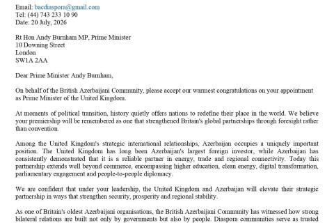 UK Azerbaijani Community Sends Congratulatory Letter to New PM Andy Burnham